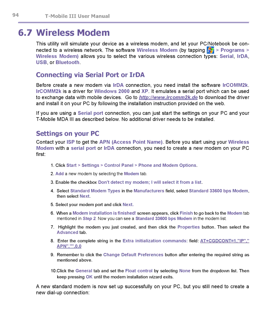 T-Mobile MDA III manual Wireless Modem, Connecting via Serial Port or IrDA, Settings on your PC, APN,,0,0 