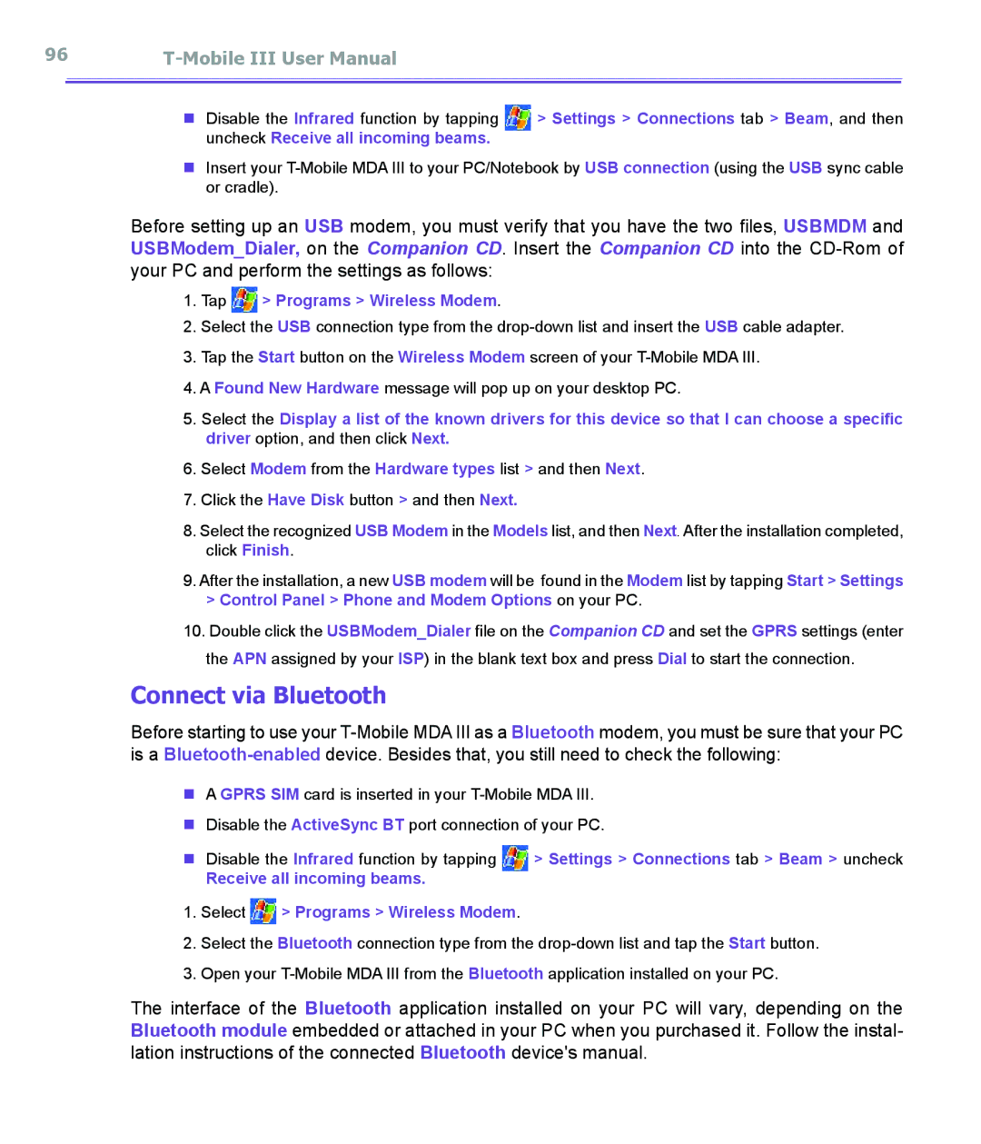 T-Mobile MDA III manual Connect via Bluetooth, Tap Programs Wireless Modem 