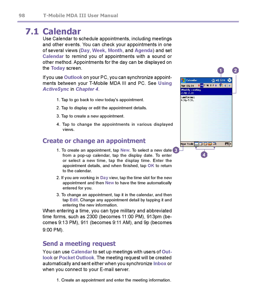 T-Mobile MDA III manual Calendar, Create or change an appointment, Send a meeting request, 900 PM 