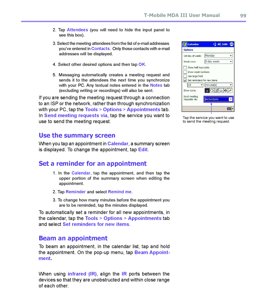 T-Mobile MDA III manual Use the summary screen, Set a reminder for an appointment, Beam an appointment 