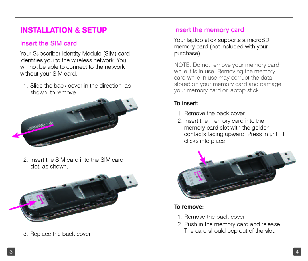 T-Mobile TM1753 manual Installation & Setup, Insert the SIM card, Insert the memory card 