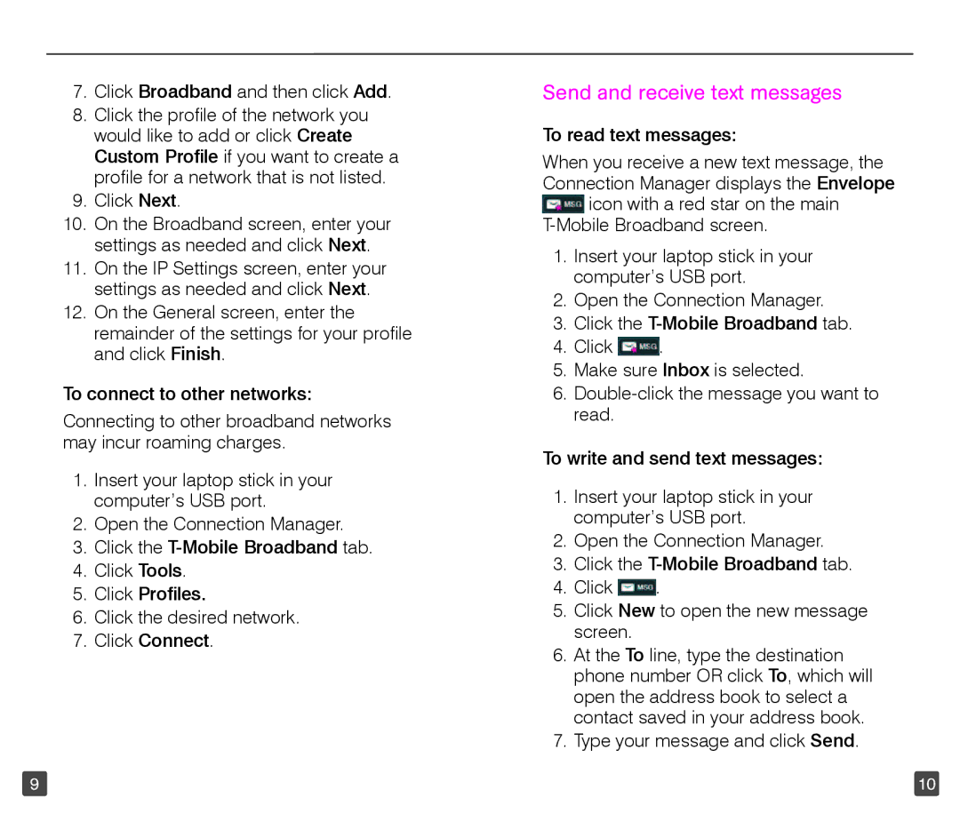 T-Mobile TM1753 manual Send and receive text messages, Click Broadband and then click Add, Click Next 