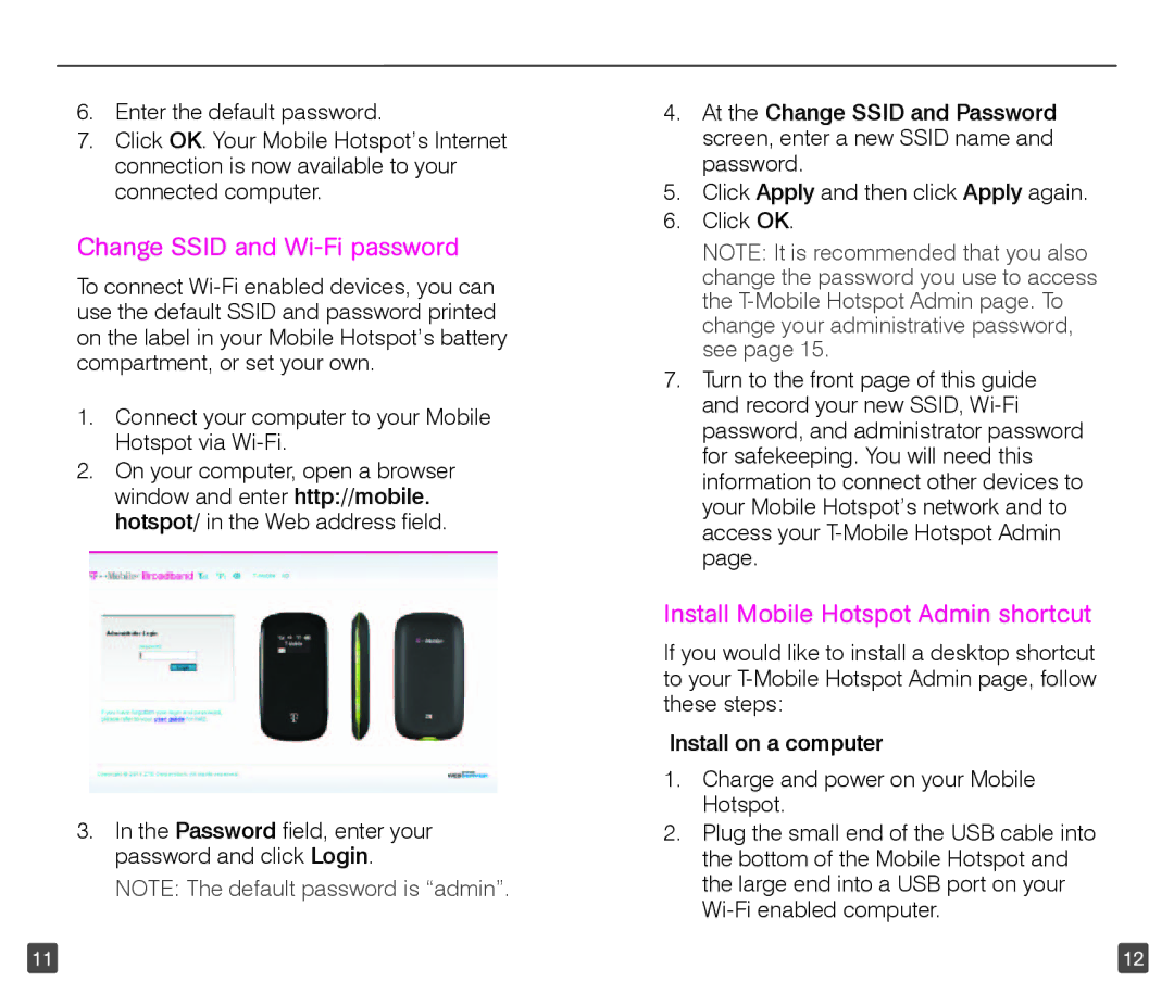 T-Mobile TM1758 manual Change Ssid and Wi-Fi password, Install Mobile Hotspot Admin shortcut 