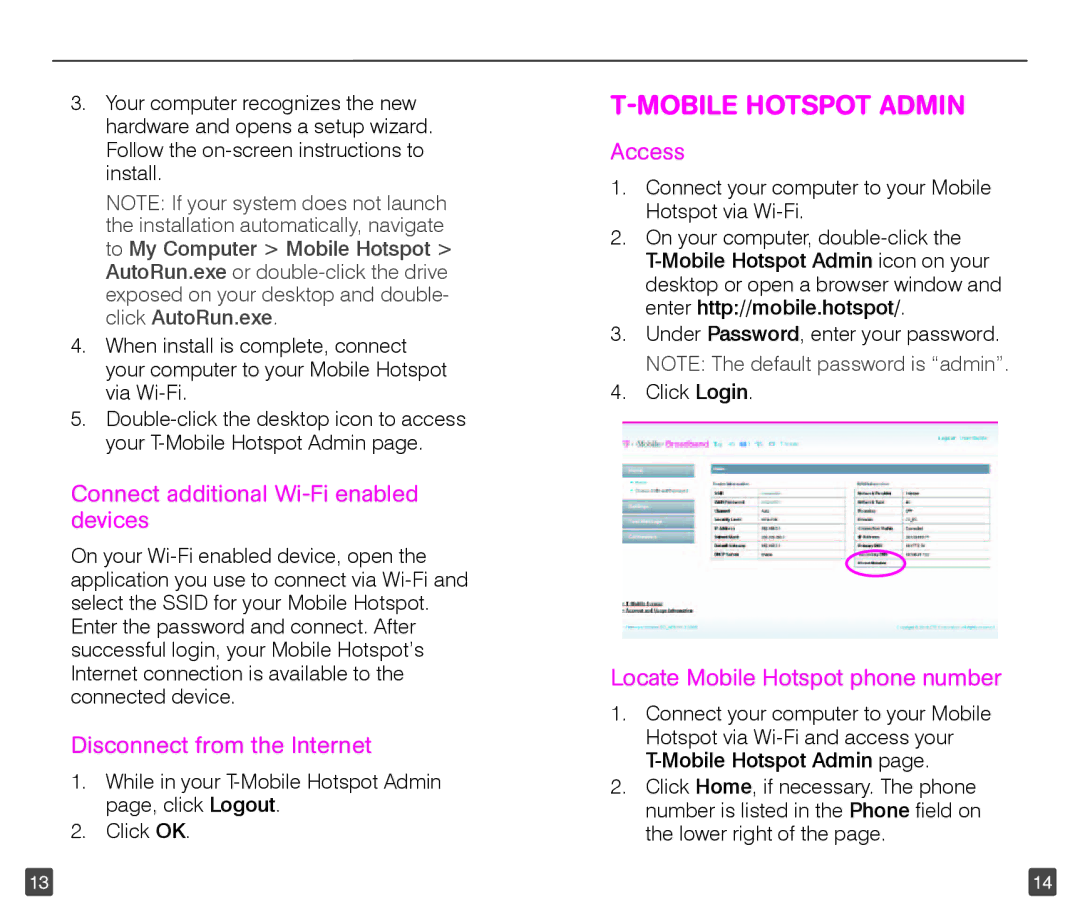 T-Mobile TM1758 manual Mobile Hotspot Admin, Connect additional Wi-Fi enabled devices, Disconnect from the Internet, Access 