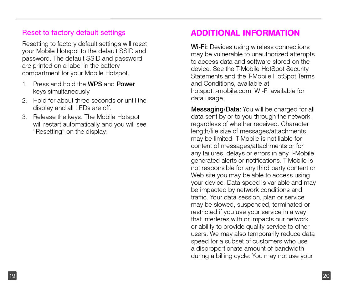 T-Mobile TM1758 manual Additional Information, Reset to factory default settings 