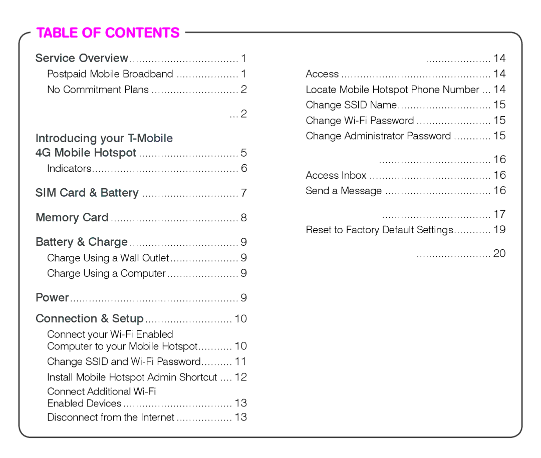 T-Mobile TM1758 manual Table of Contents 