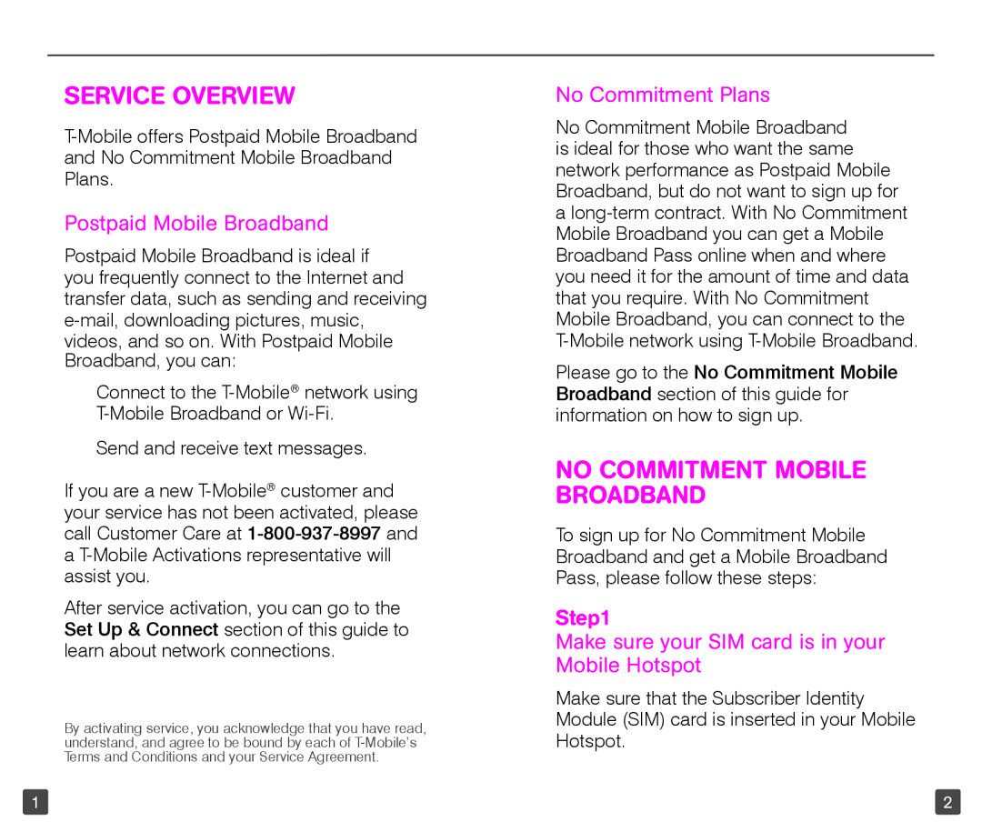 T-Mobile TM1758 manual Service Overview, No Commitment Mobile Broadband, Postpaid Mobile Broadband, No Commitment Plans 