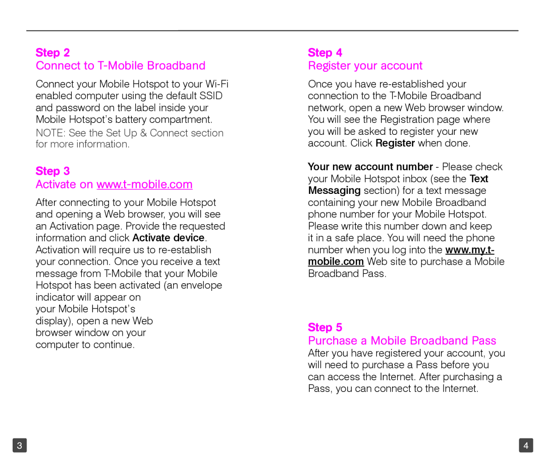 T-Mobile TM1758 Step Connect to T-Mobile Broadband, Step Register your account, Step Purchase a Mobile Broadband Pass 