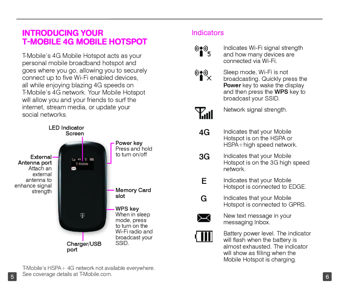 T-Mobile TM1758 manual Introducing Your T-MOBILE 4G Mobile Hotspot, Indicators 