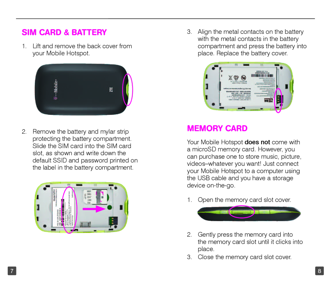 T-Mobile TM1758 manual SIM Card & Battery, Memory Card 