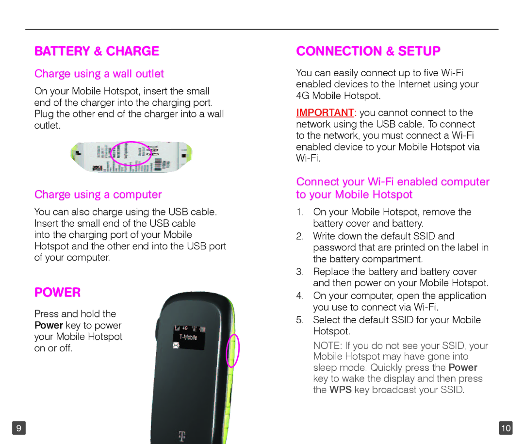 T-Mobile TM1758 manual Battery & Charge, Power, Connection & Setup 