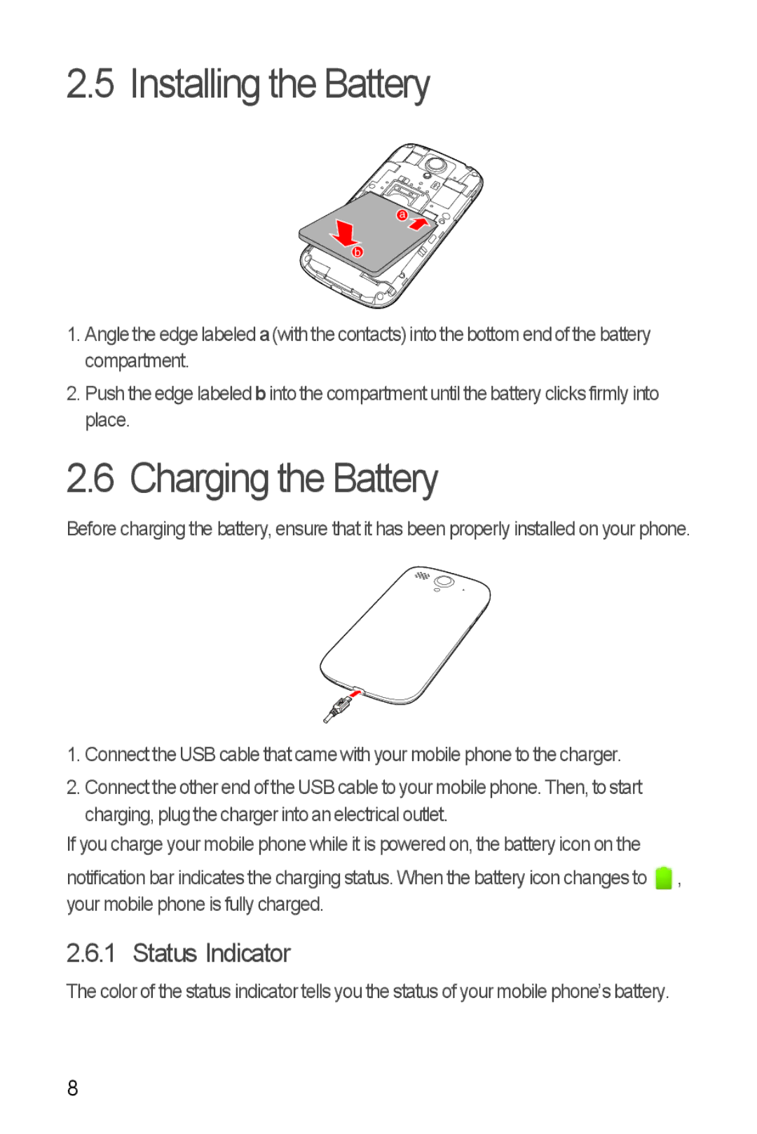 T-Mobile U8680 manual Installing the Battery, Charging the Battery, Status Indicator 