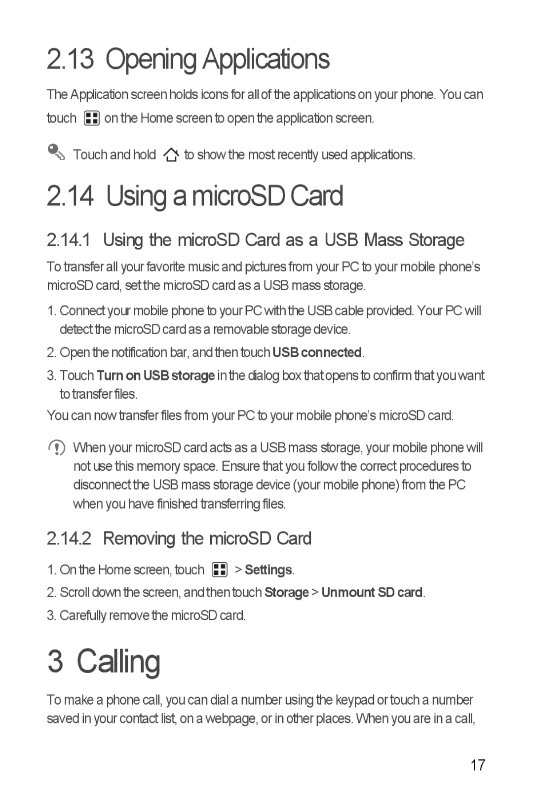 T-Mobile U8680 manual Calling, Opening Applications, Using a microSD Card, Using the microSD Card as a USB Mass Storage 