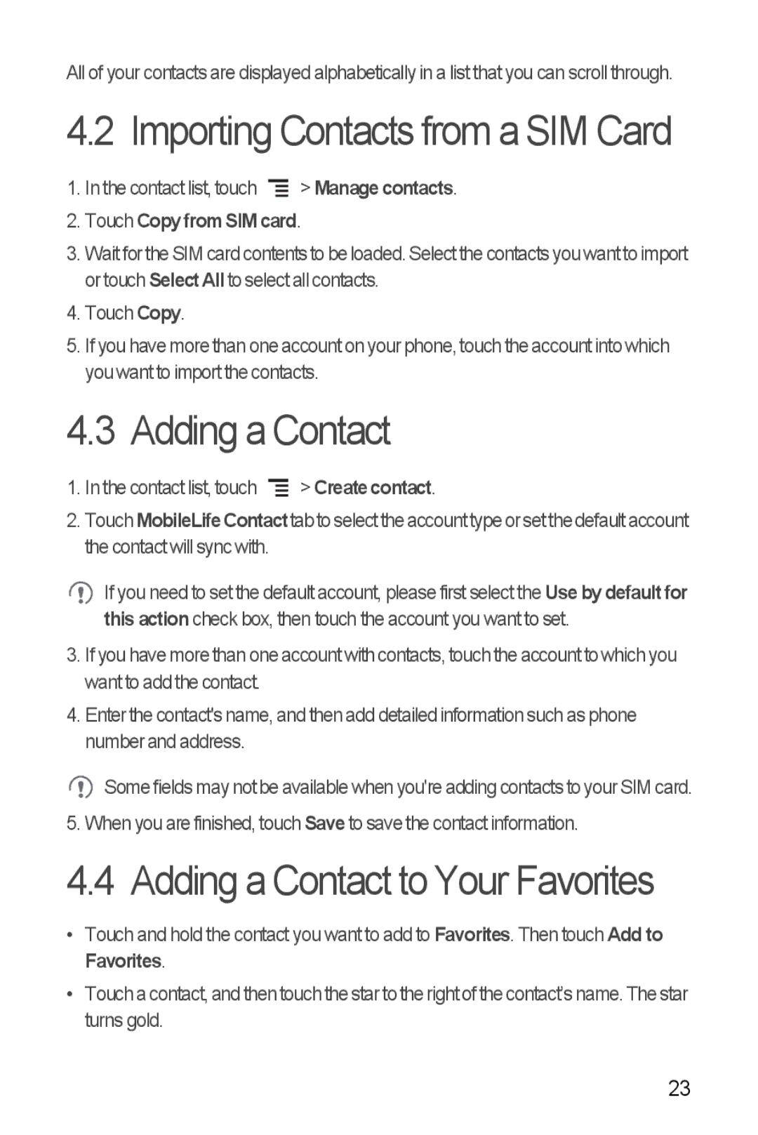 T-Mobile U8680 manual Importing Contacts from a SIM Card, Adding a Contact to Your Favorites, Touch Copy fromSIM card 