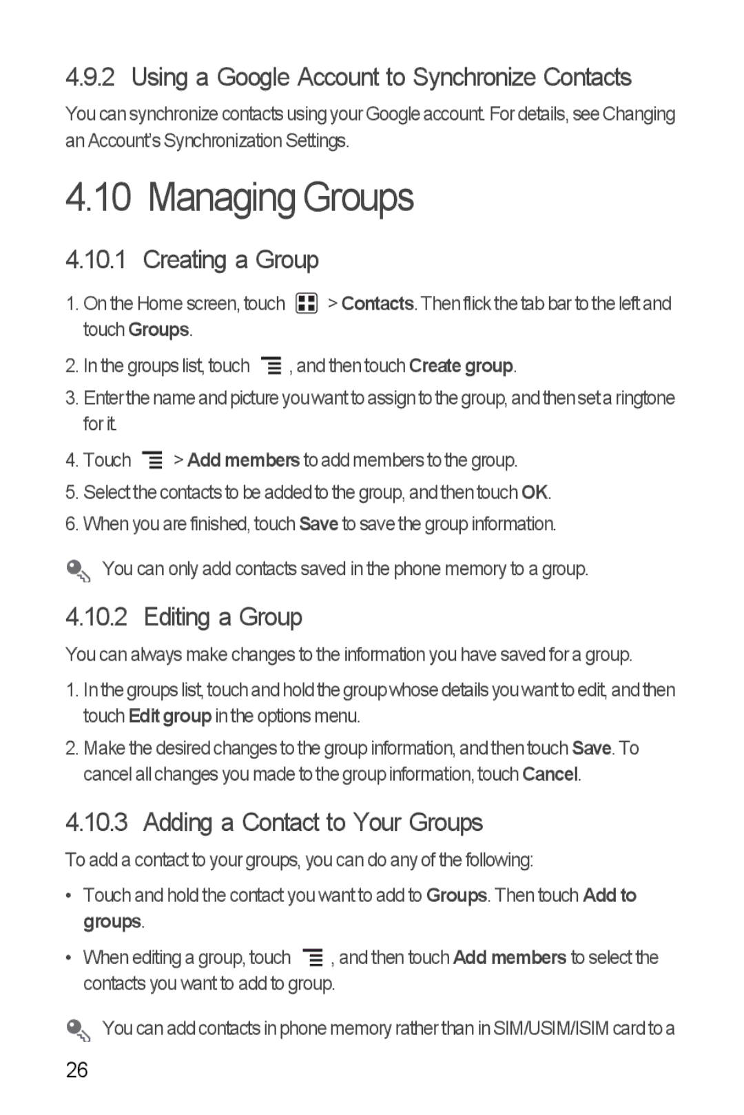 T-Mobile U8680 manual Managing Groups, Using a Google Account to Synchronize Contacts, Creating a Group, Editing a Group 