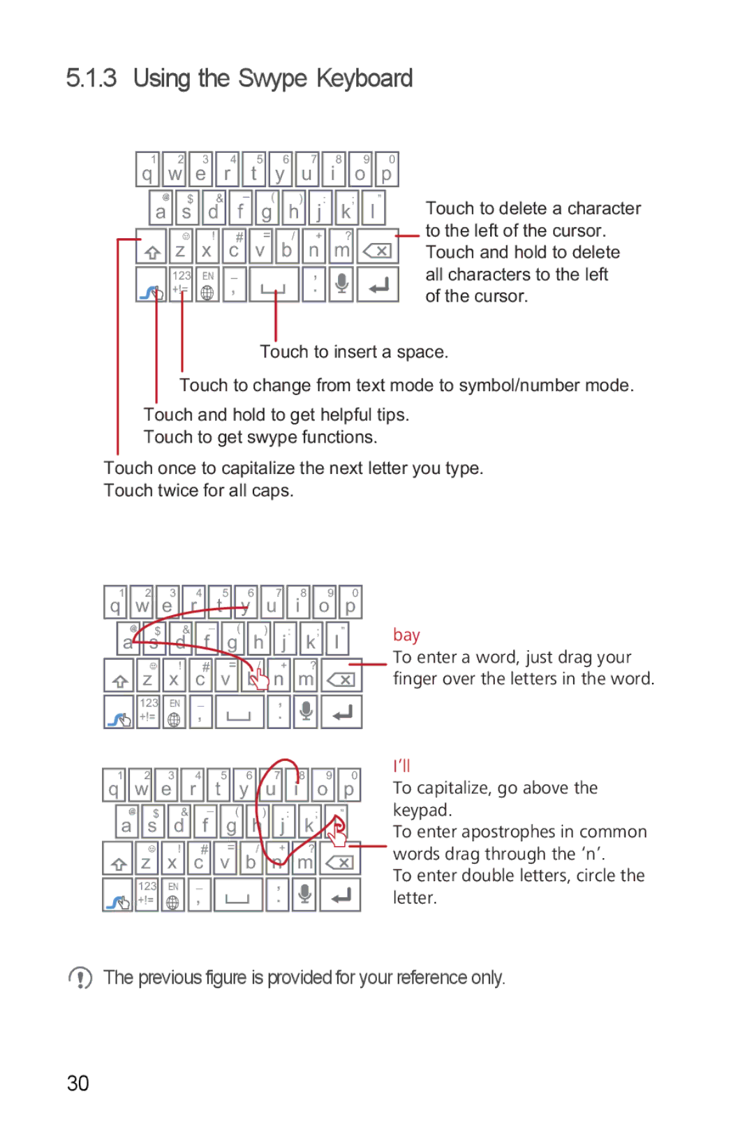 T-Mobile U8680 manual Using the Swype Keyboard, E r t y u i o p 