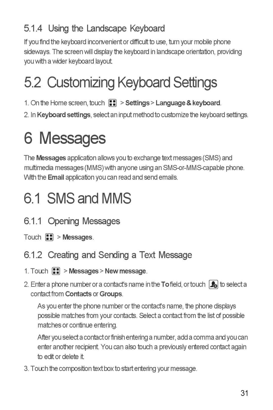 T-Mobile U8680 manual Messages, Customizing Keyboard Settings, SMS and MMS 