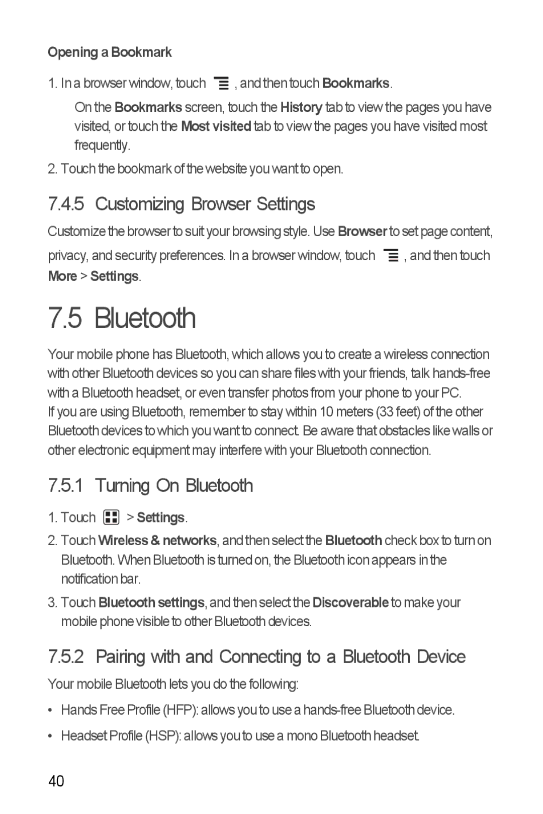 T-Mobile U8680 Customizing Browser Settings, Turning On Bluetooth, Pairing with and Connecting to a Bluetooth Device 