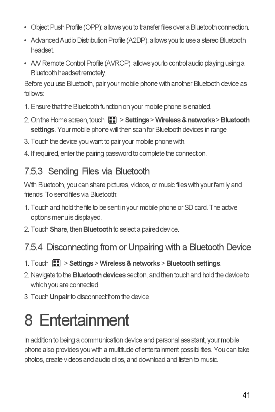 T-Mobile U8680 manual Entertainment, Sending Files via Bluetooth, Touch Settings Wireless & networks Bluetooth settings 