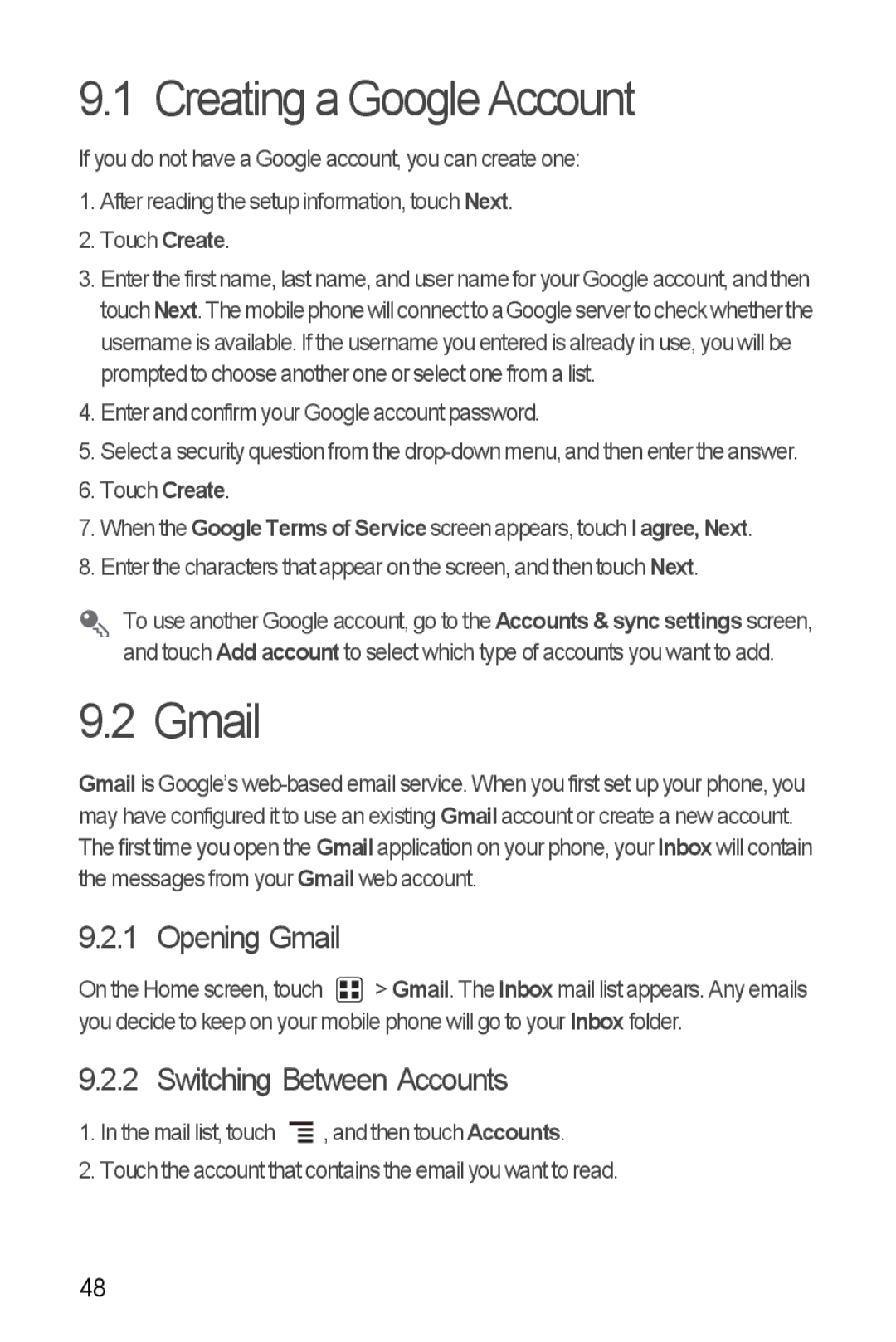 T-Mobile U8680 manual Creating a Google Account, Opening Gmail, Switching Between Accounts 