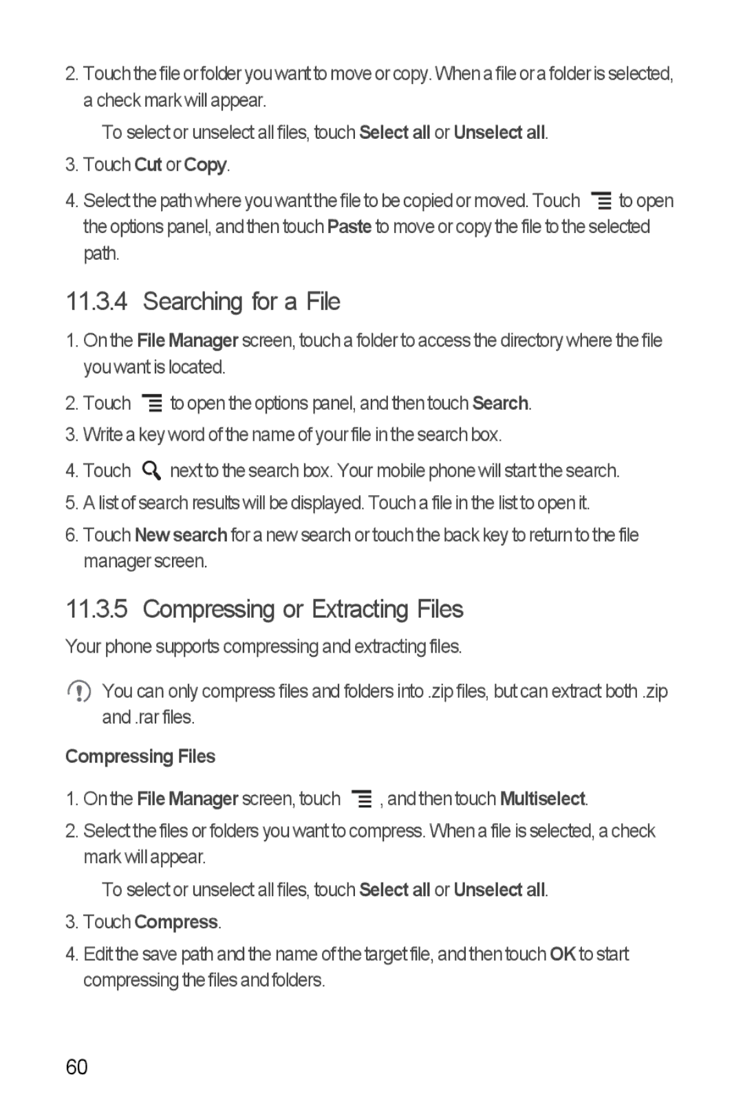 T-Mobile U8680 manual Searching for a File, Compressing or Extracting Files, Compressing Files, Touch Compress 