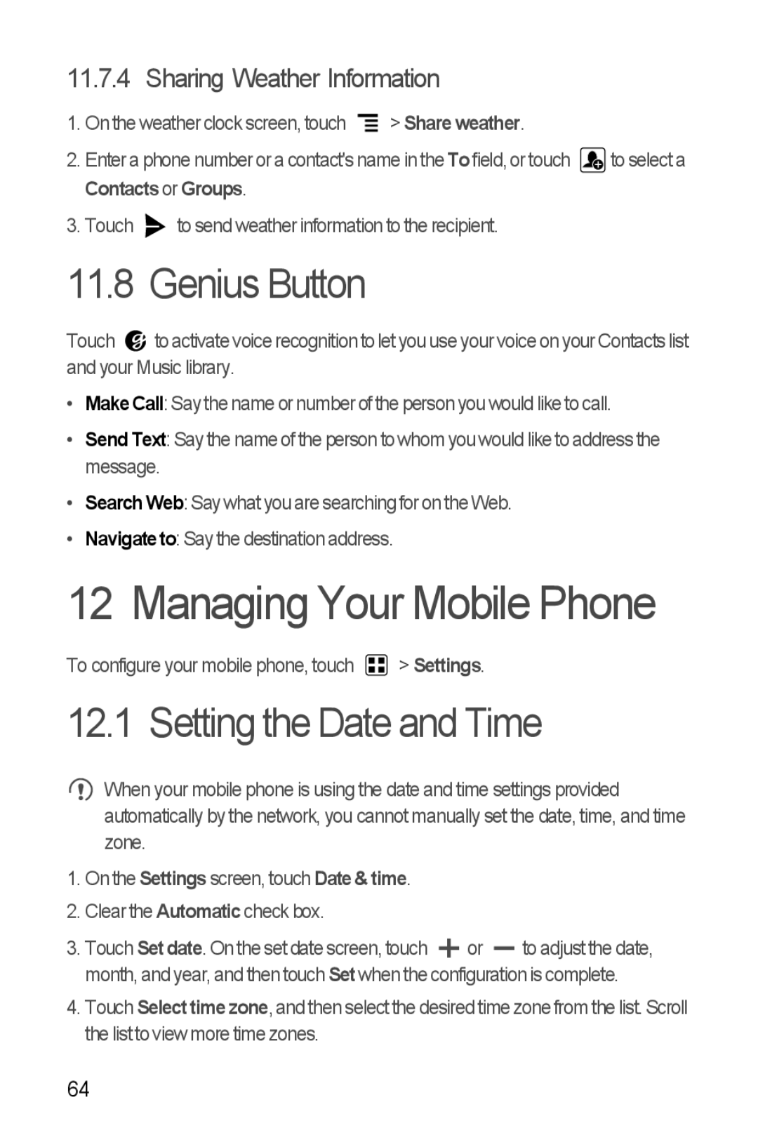 T-Mobile U8680 manual Managing Your Mobile Phone, Genius Button, Setting the Date and Time, Sharing Weather Information 