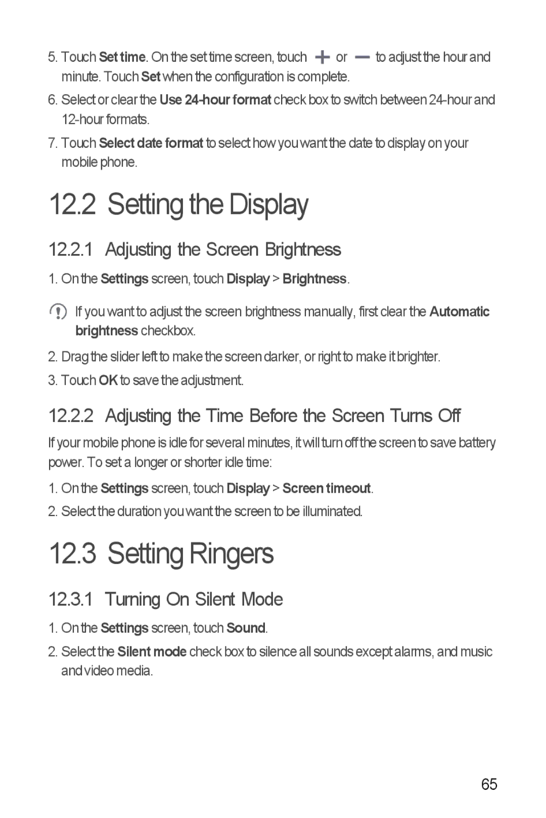 T-Mobile U8680 manual Setting the Display, Setting Ringers, Adjusting the Screen Brightness, Turning On Silent Mode 