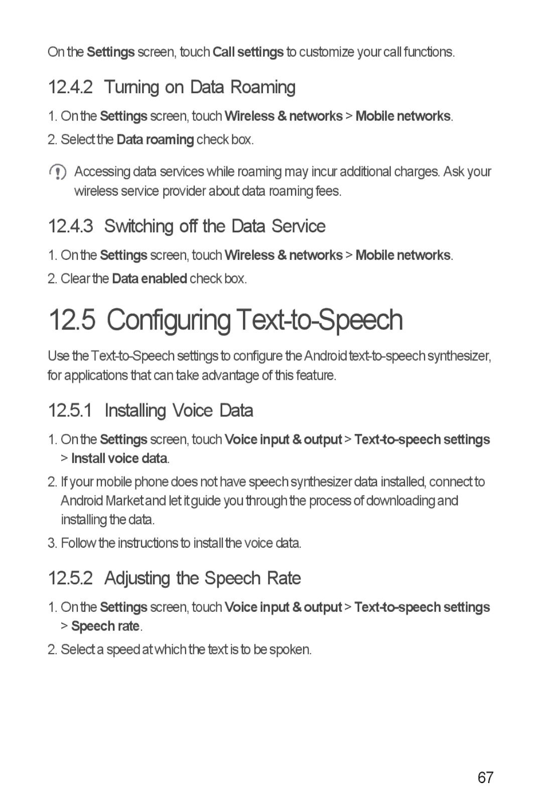 T-Mobile U8680 Configuring Text-to-Speech, Turning on Data Roaming, Switching off the Data Service, Installing Voice Data 