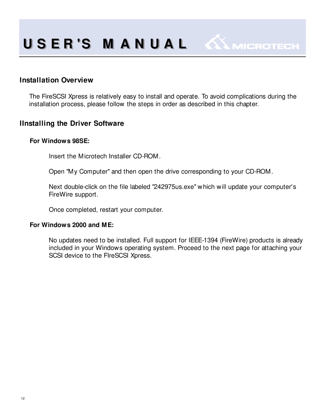 T. S. MicroTech IEEE1394 user manual IInstalling the Driver Software, For Windows 98SE, For Windows 2000 and ME 