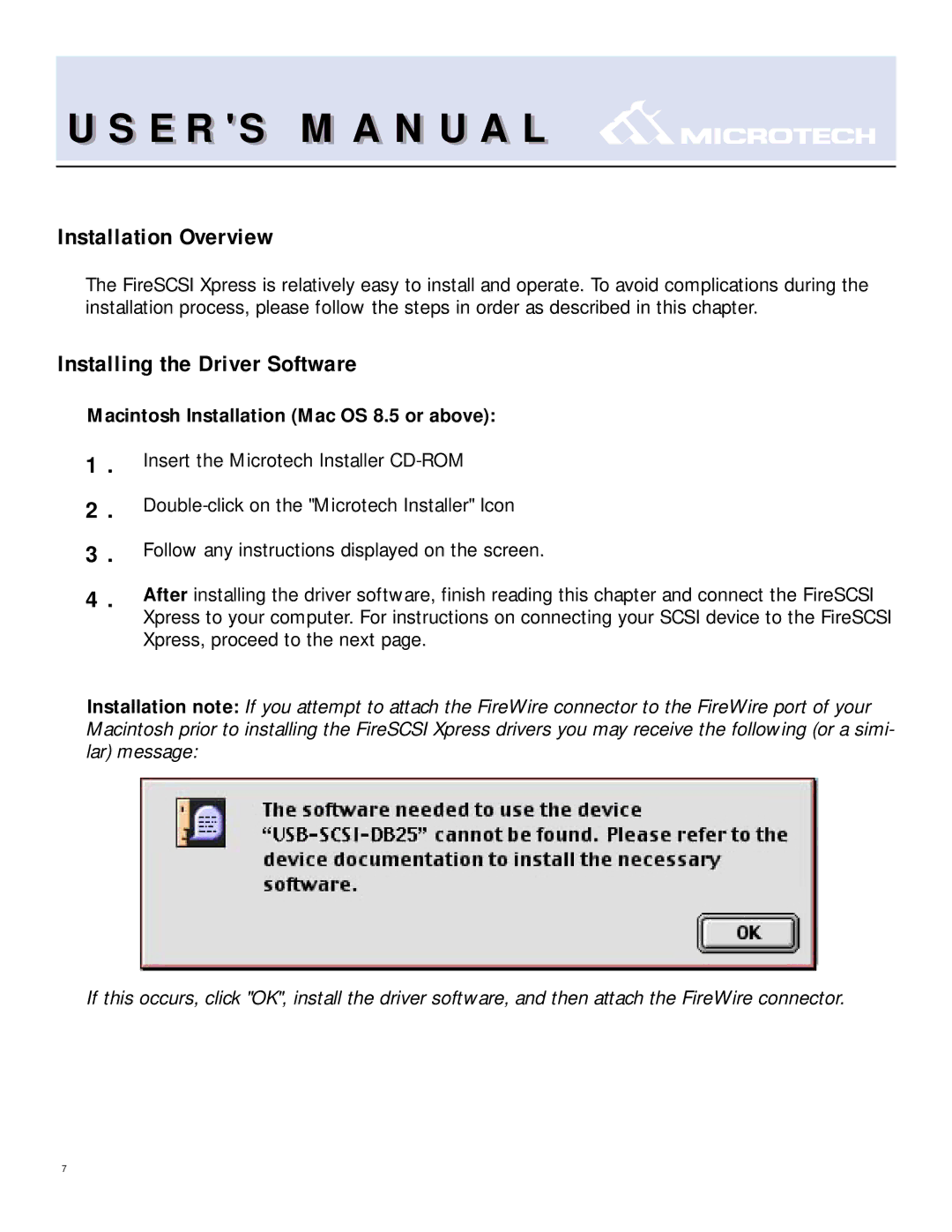 T. S. MicroTech IEEE1394 Installation Overview, Installing the Driver Software, Macintosh Installation Mac OS 8.5 or above 