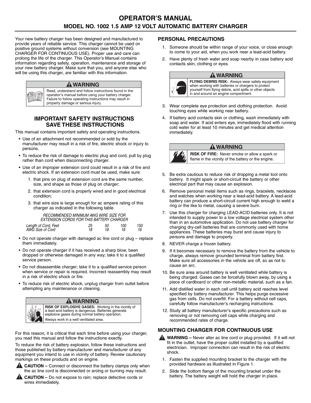 T-Tech 1002 important safety instructions OPERATOR’S Manual, Model no 1.5 AMP 12 Volt Automatic Battery Charger 