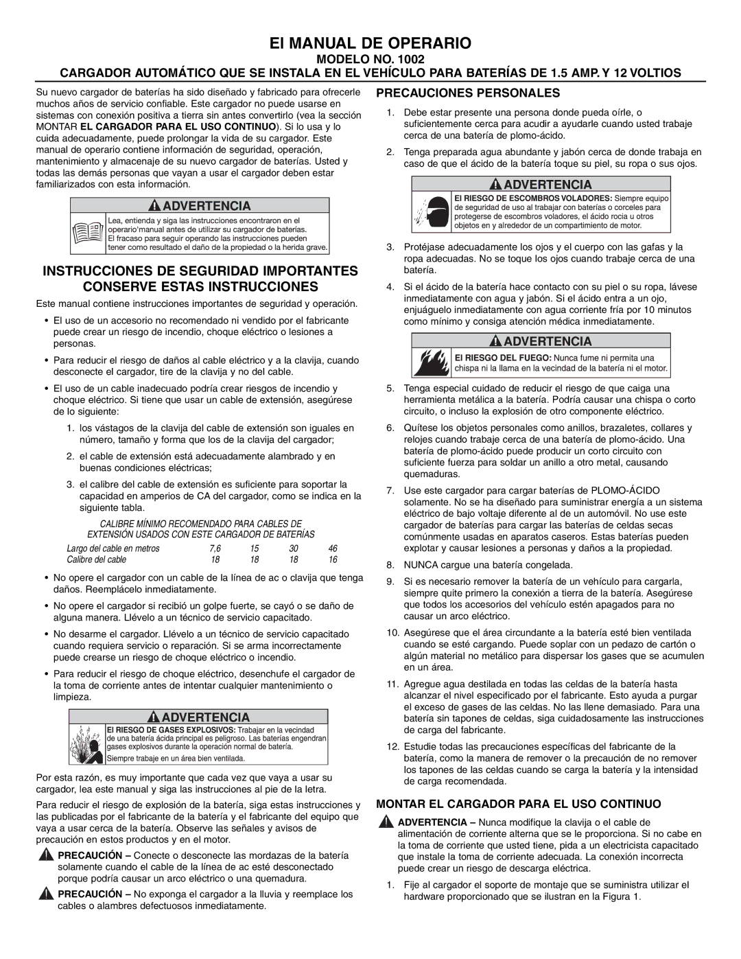 T-Tech 1002 Precauciones Personales, Montar EL Cargador Para EL USO Continuo, Largo del cable en metros Calibre del cable 