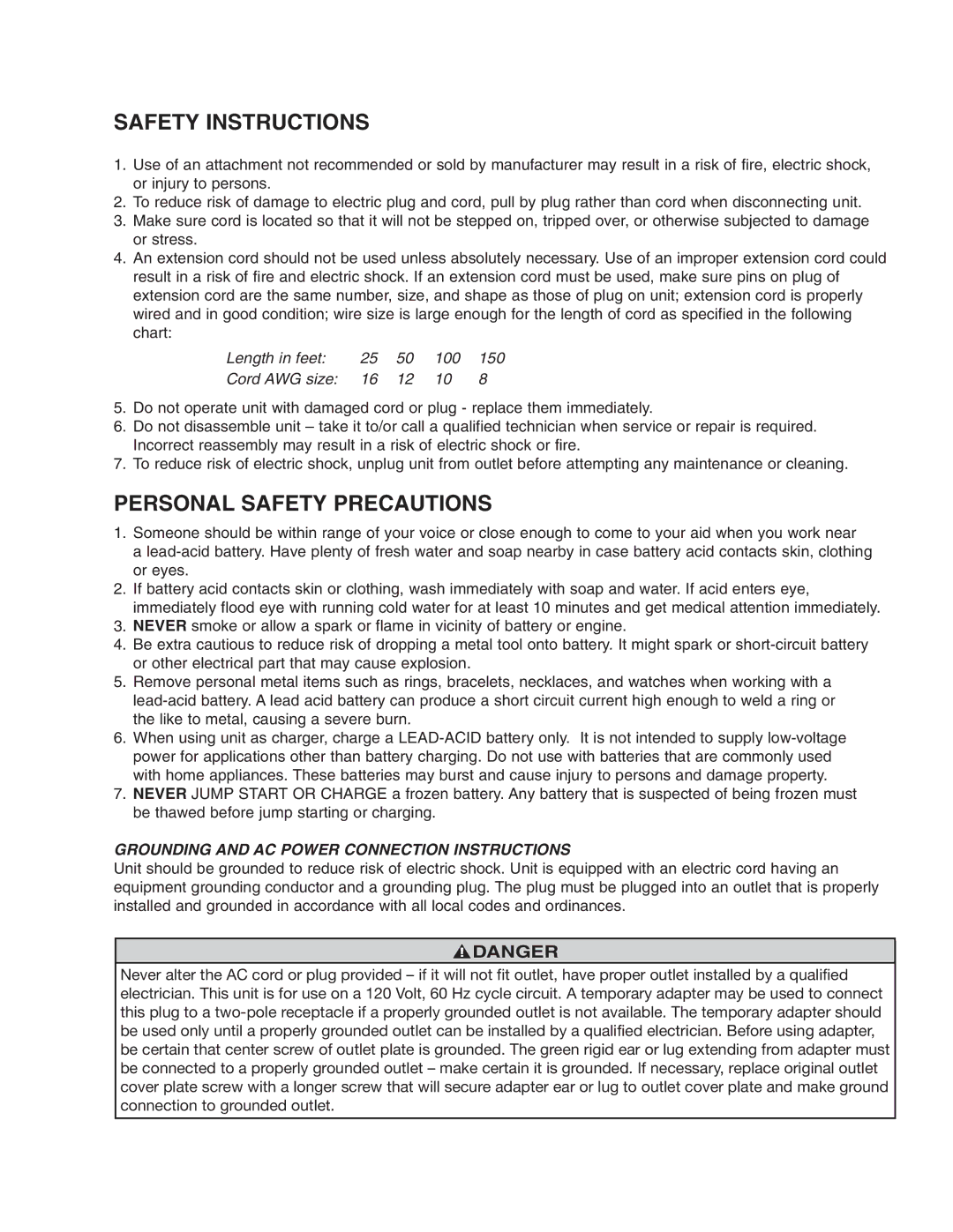 T-Tech 2001, 3001 Safety Instructions, Personal Safety Precautions, Grounding and AC Power Connection Instructions 