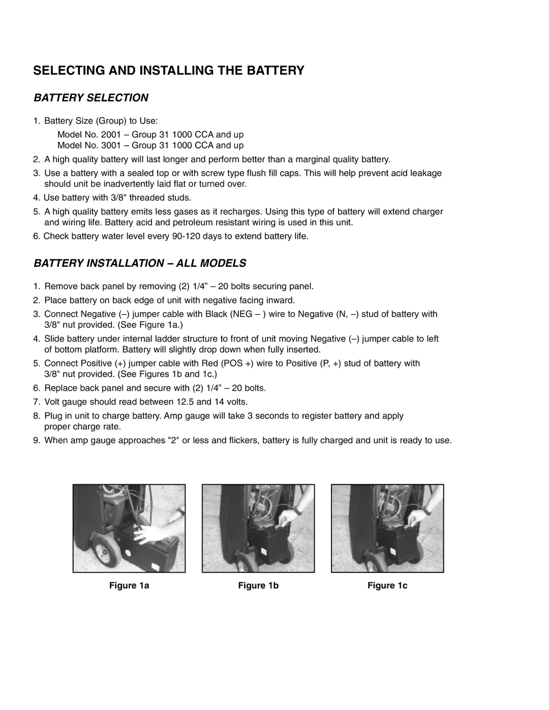 T-Tech 3001, 2001 owner manual Selecting and Installing the Battery, Battery Selection 