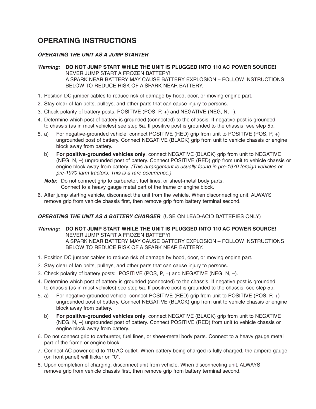 T-Tech 2001, 3001 owner manual Operating Instructions, Operating the Unit AS a Jump Starter 