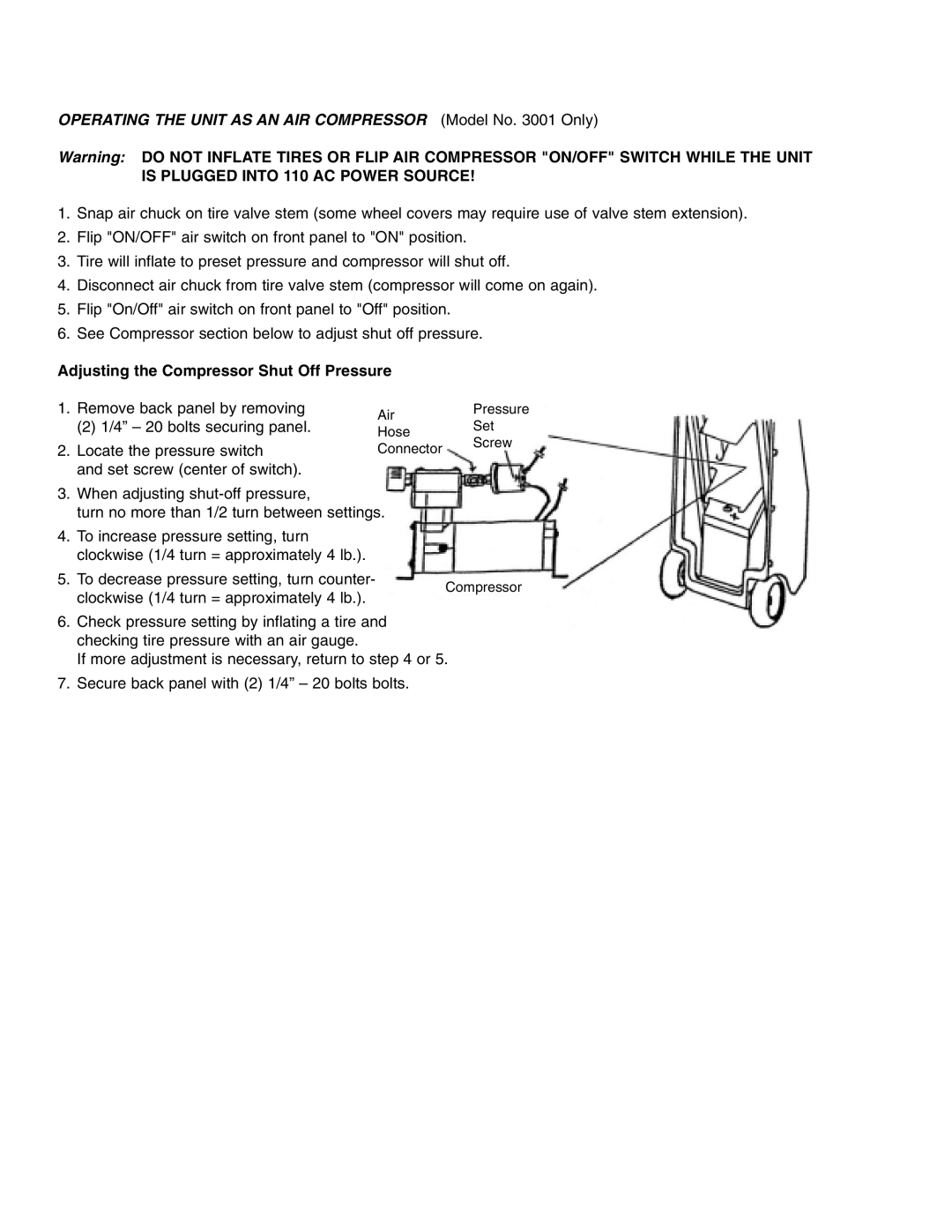 T-Tech 3001, 2001 owner manual Operating the Unit AS AN AIR Compressor Model No Only 