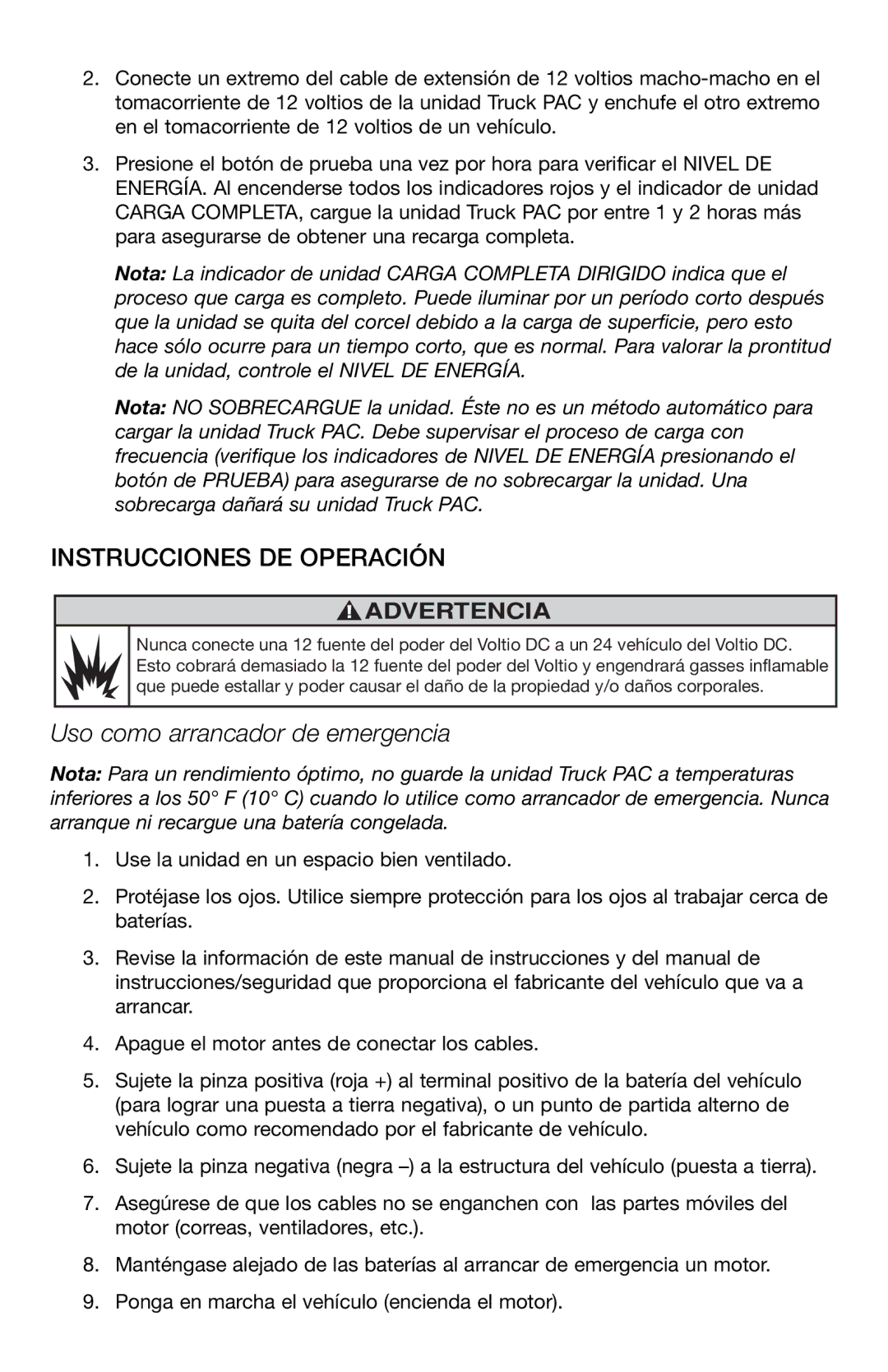 T-Tech ES8000, ES6000 user manual Instrucciones DE Operación, Uso como arrancador de emergencia 