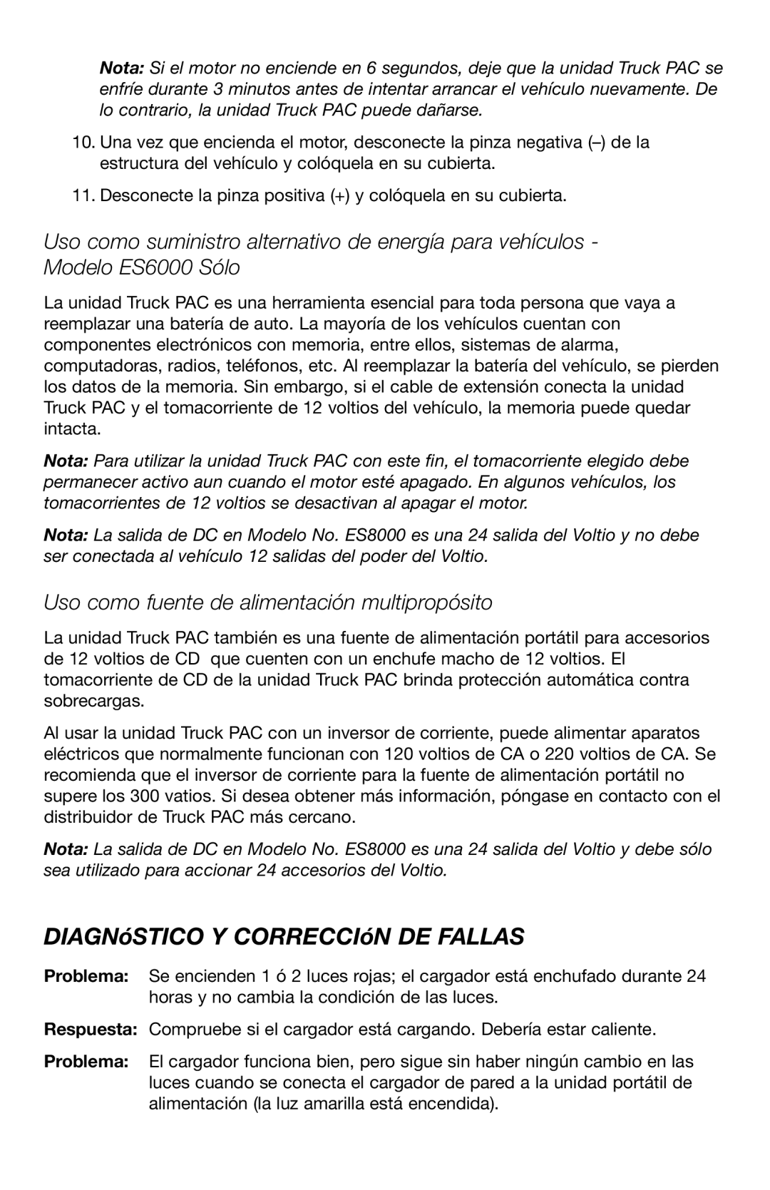 T-Tech ES6000, ES8000 user manual DIAGNóSTICO Y CORRECCIóN DE Fallas, Uso como fuente de alimentación multipropósito 