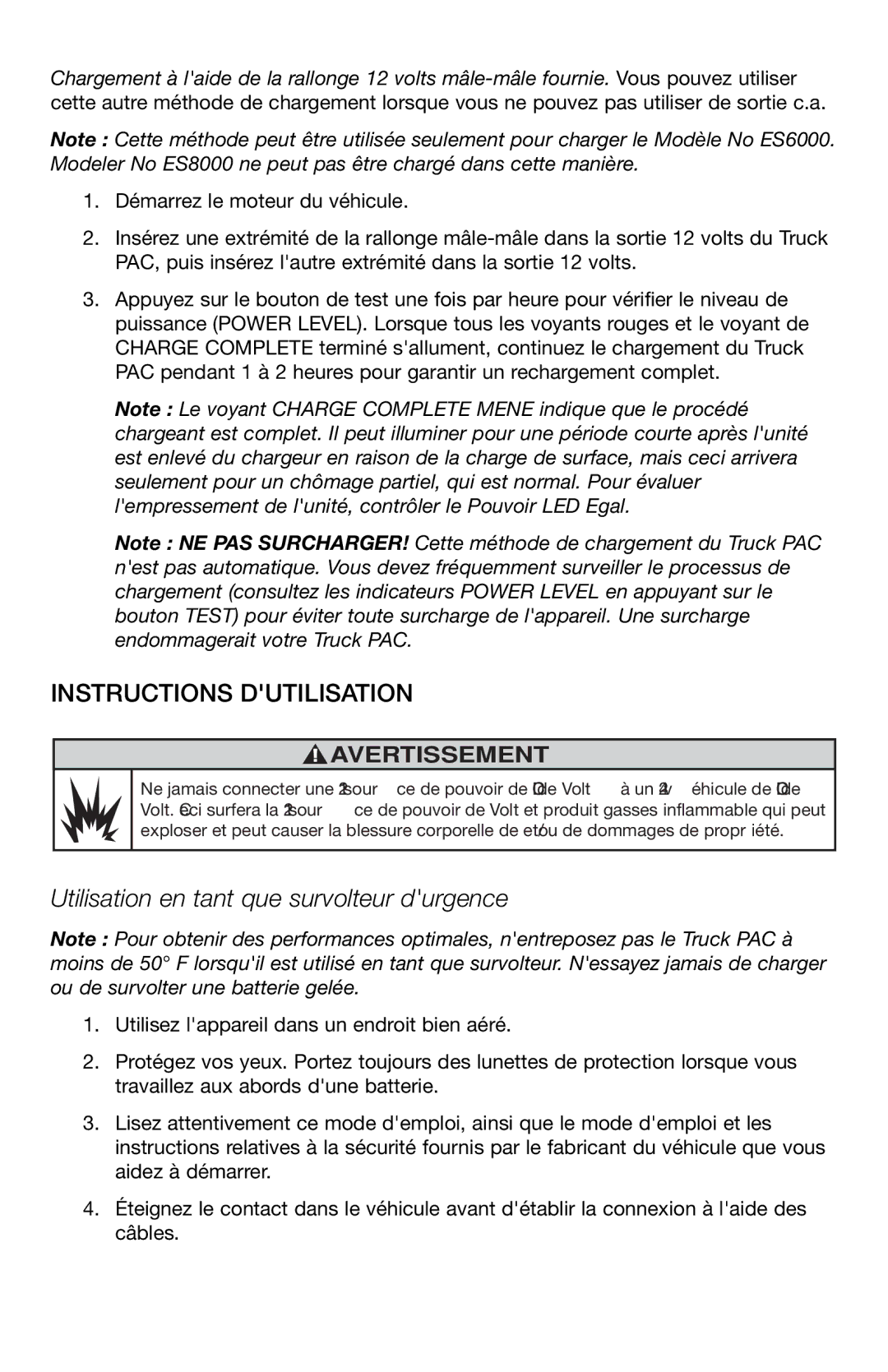 T-Tech ES8000, ES6000 user manual Instructions Dutilisation, Utilisation en tant que survolteur durgence 