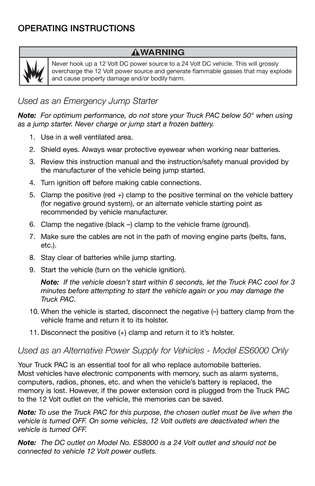 T-Tech ES8000, ES6000 user manual Operating Instructions, Used as an Emergency Jump Starter 