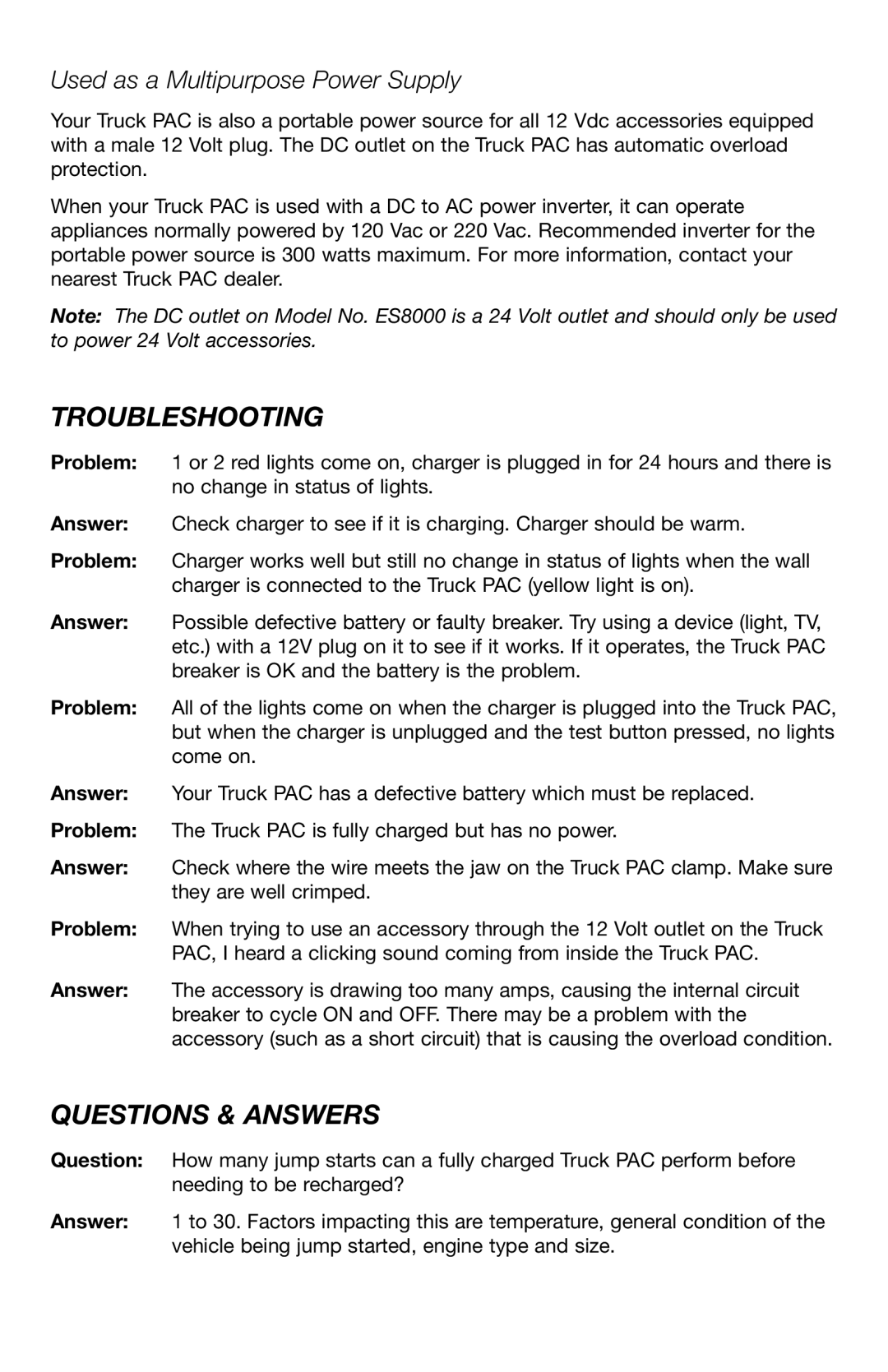 T-Tech ES6000, ES8000 user manual Troubleshooting, Questions & Answers, Used as a Multipurpose Power Supply 