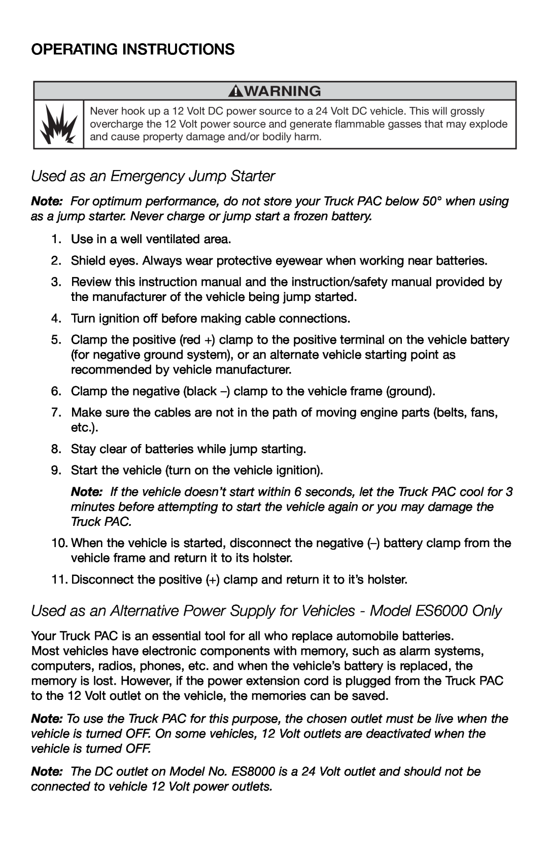 T-Tech ES8000, ES6000 user manual Operating Instructions, Used as an Emergency Jump Starter 