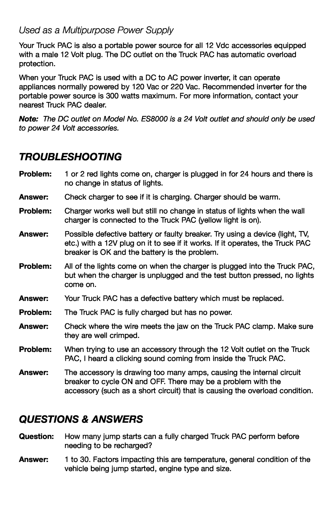 T-Tech ES6000, ES8000 user manual Troubleshooting, Questions & Answers, Used as a Multipurpose Power Supply 