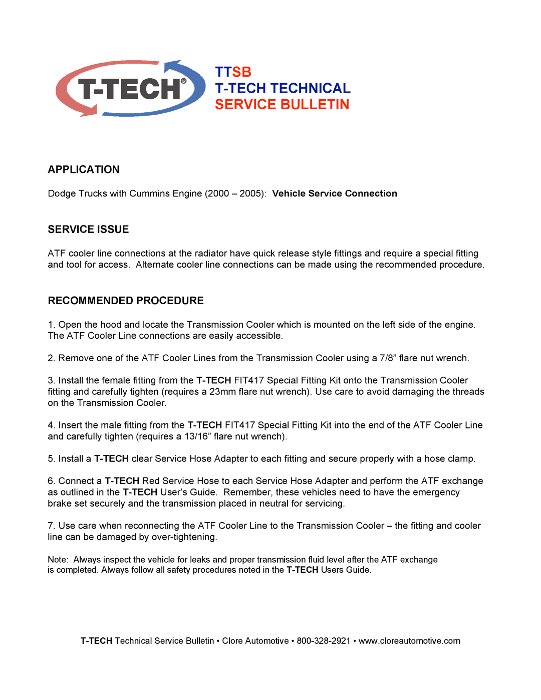 T-Tech FIT417 manual Service Bulletin, Application, Service Issue, Recommended Procedure 