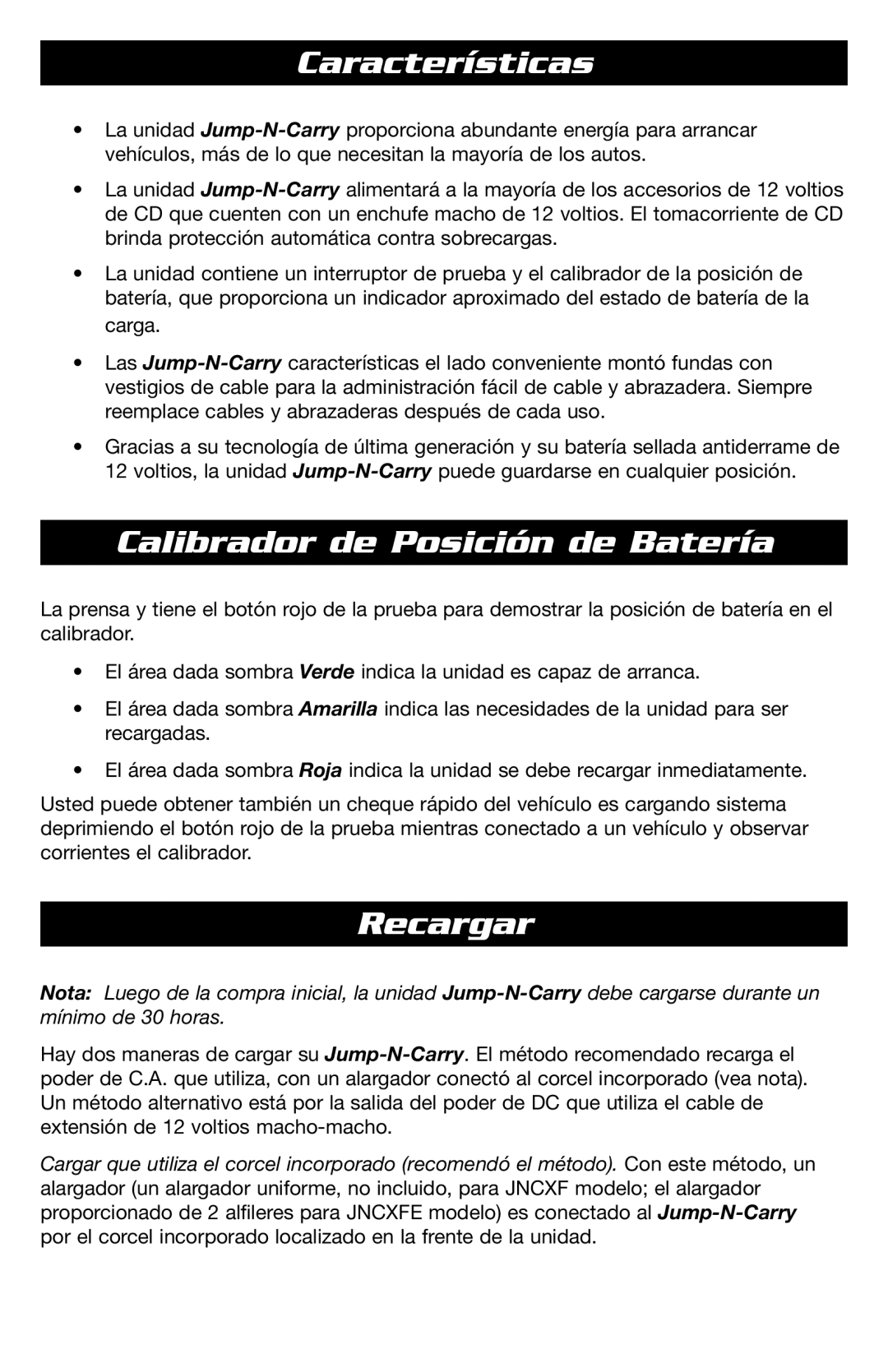 T-Tech JNCXFE instruction manual Características, Calibrador de Posición de Batería, Recargar 