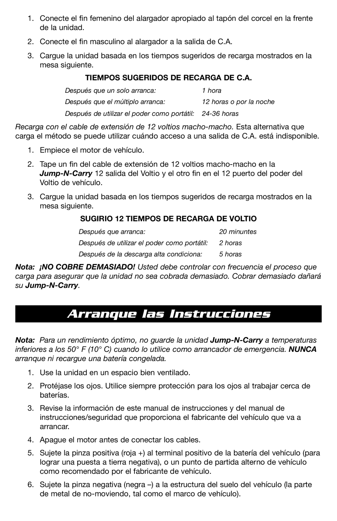 T-Tech JNCXFE instruction manual Arranque las Instrucciones, Tiempos Sugeridos DE Recarga DE C.A 