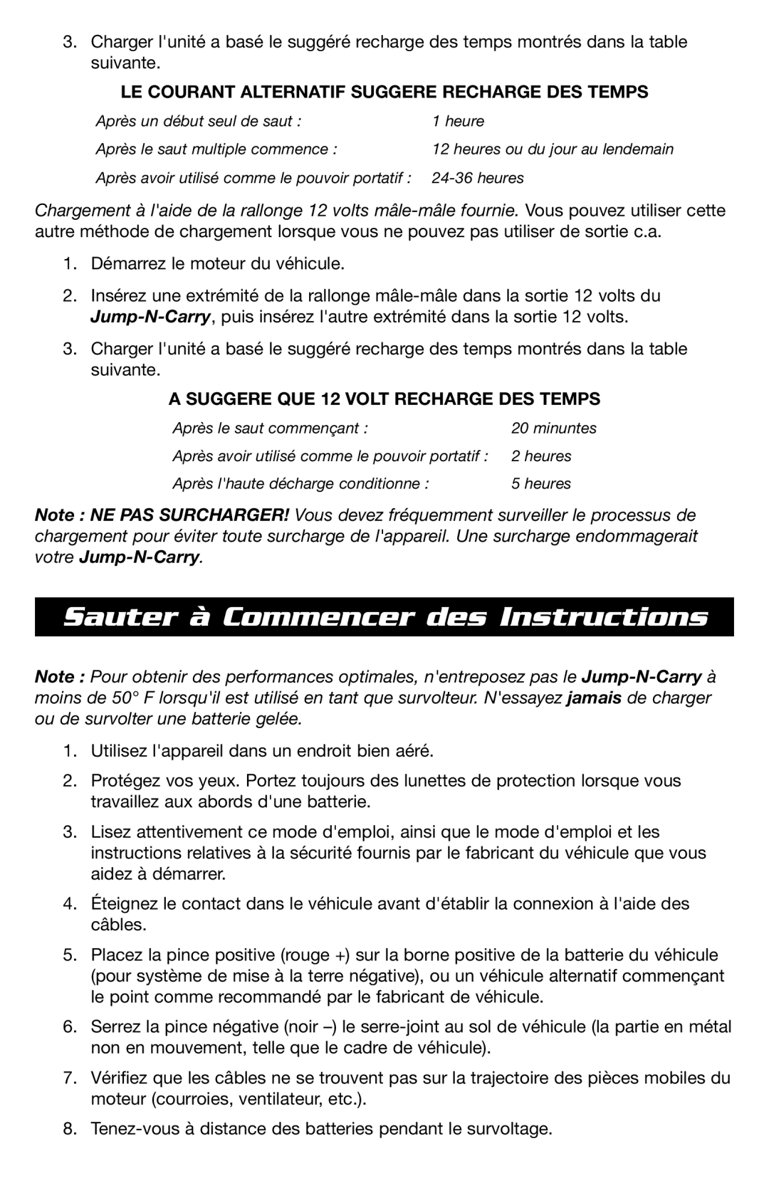 T-Tech JNCXFE instruction manual Sauter à Commencer des Instructions, LE Courant Alternatif Suggere Recharge DES Temps 