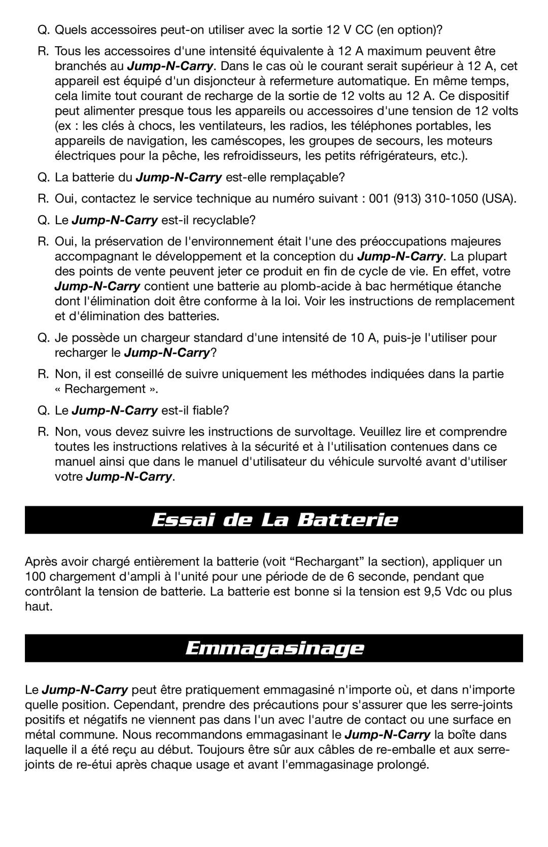 T-Tech JNCXFE instruction manual Essai de La Batterie, Emmagasinage 