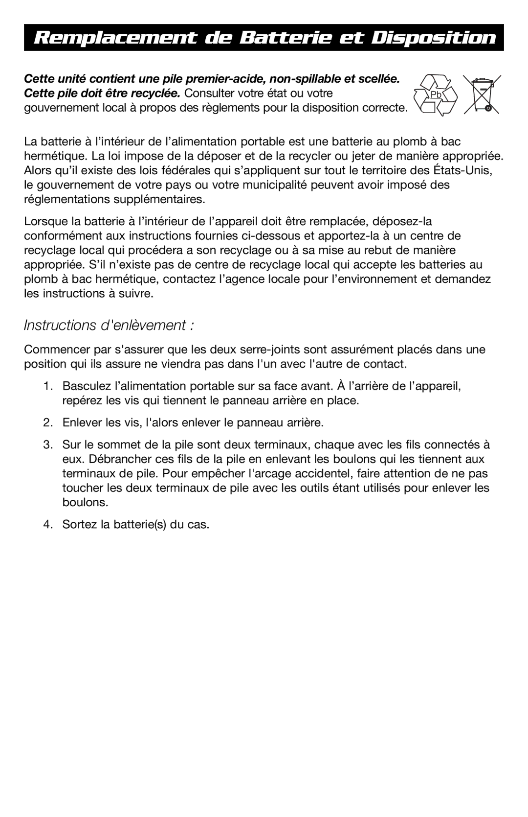 T-Tech JNCXFE instruction manual Remplacement de Batterie et Disposition, Instructions denlèvement 