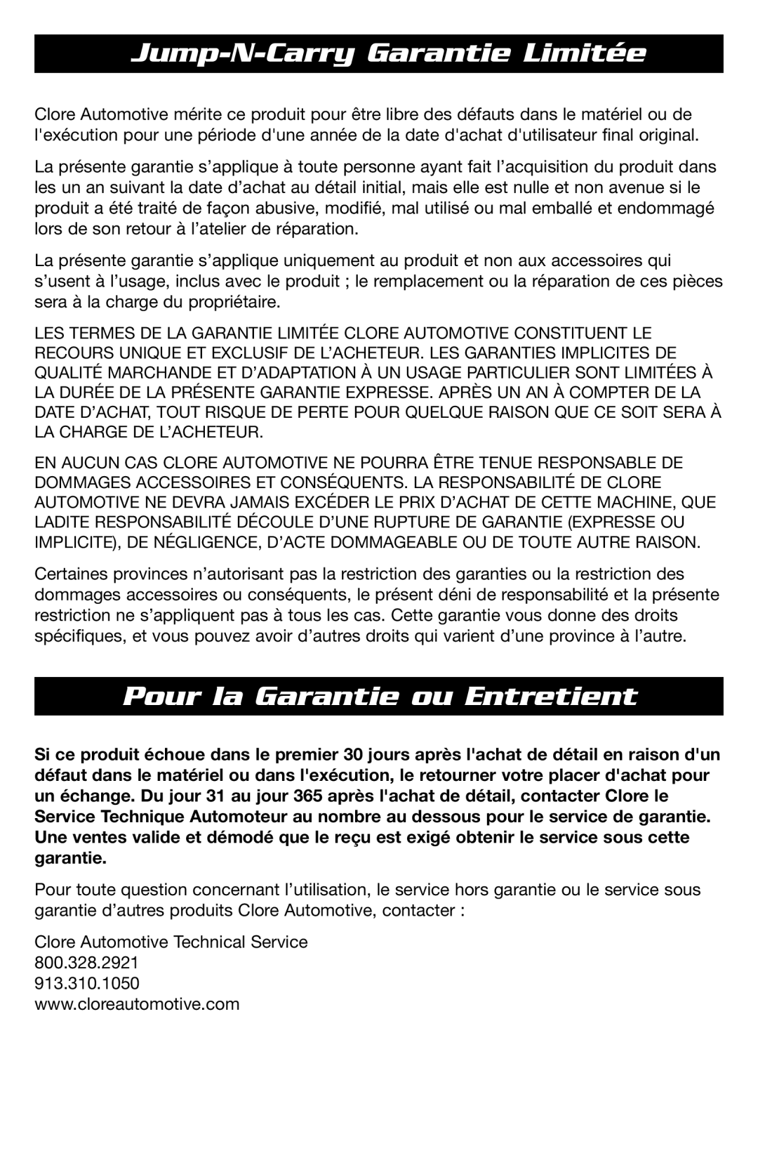 T-Tech JNCXFE instruction manual Jump-N-Carry Garantie Limitée, Pour la Garantie ou Entretient 